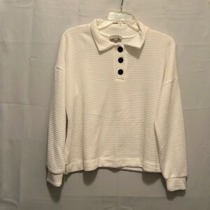 Chenault White Sweater Top Button tab sleeve cut off shoulder USED lightweight